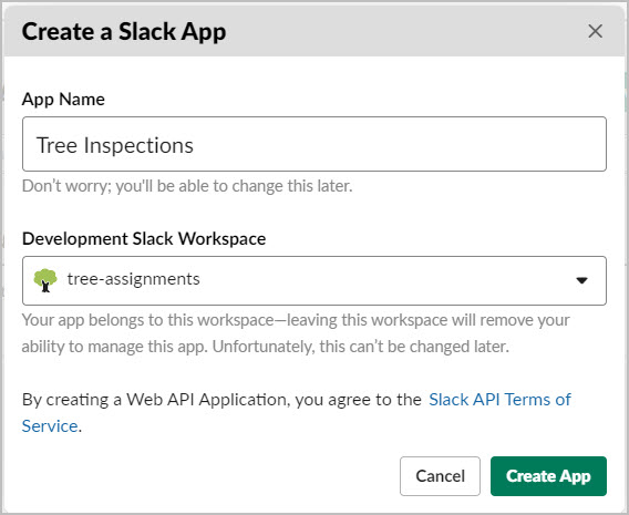Create a Slack App window. 